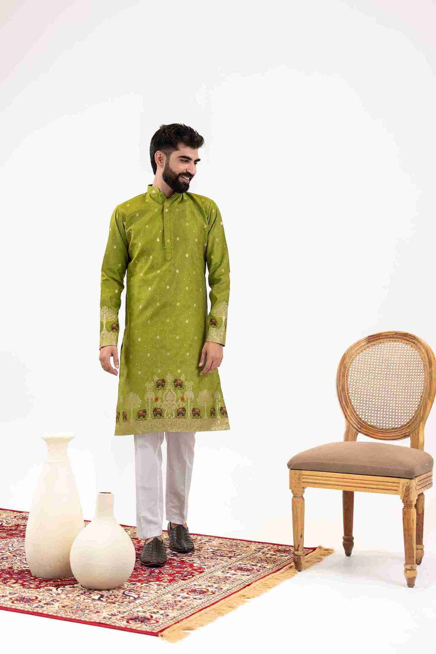 MEHNDI ELEPHANT LAKHNAVI JACQUARD DESIGNER KURTA