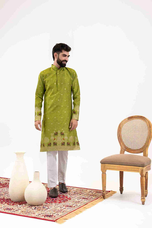 MEHNDI ELEPHANT LAKHNAVI JACQUARD DESIGNER KURTA