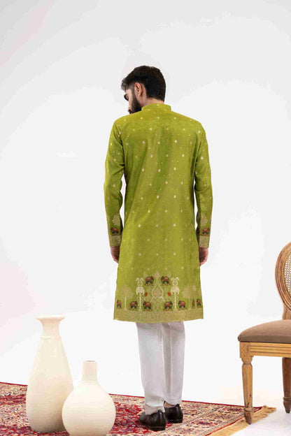 MEHNDI ELEPHANT LAKHNAVI JACQUARD DESIGNER KURTA