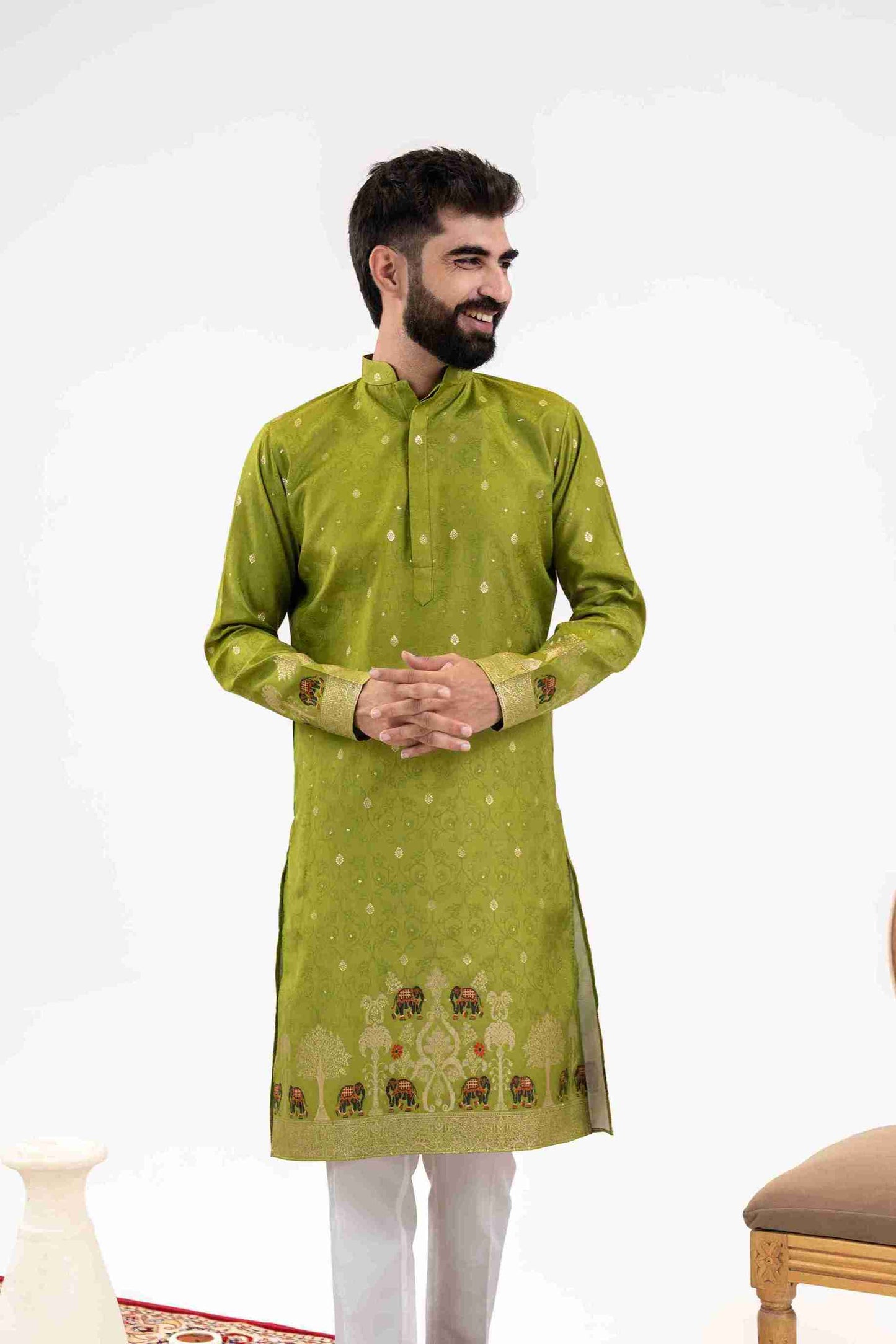 MEHNDI ELEPHANT LAKHNAVI JACQUARD DESIGNER KURTA