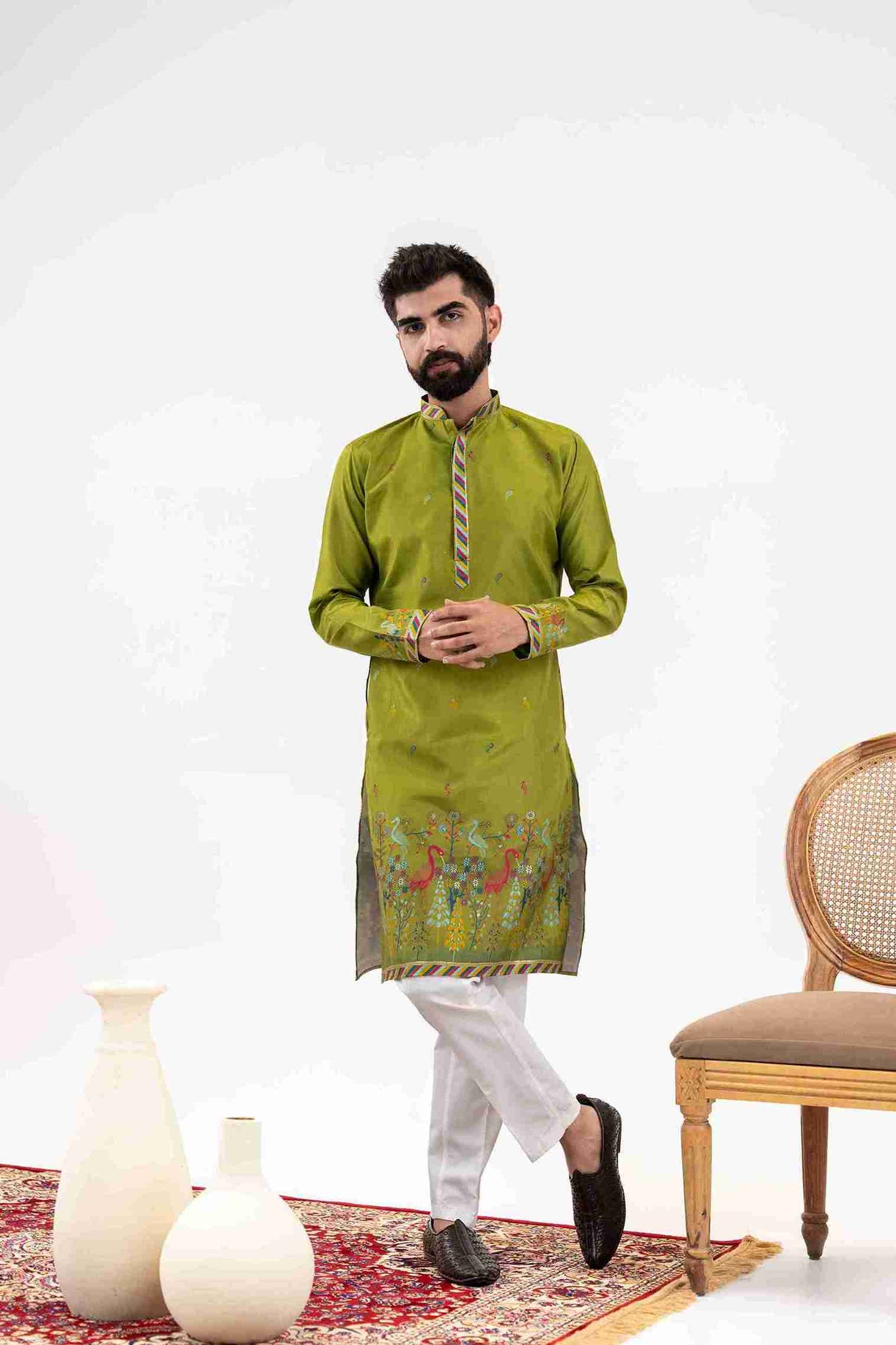MEHNDI DUCK PATTERN JACQUARD DESIGNER KURTA
