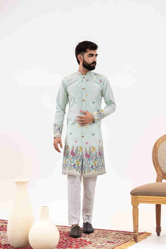 SKY BLUE  PARROT PATTERN JACQUARD DESIGNER INDO-WESTERN KURTA