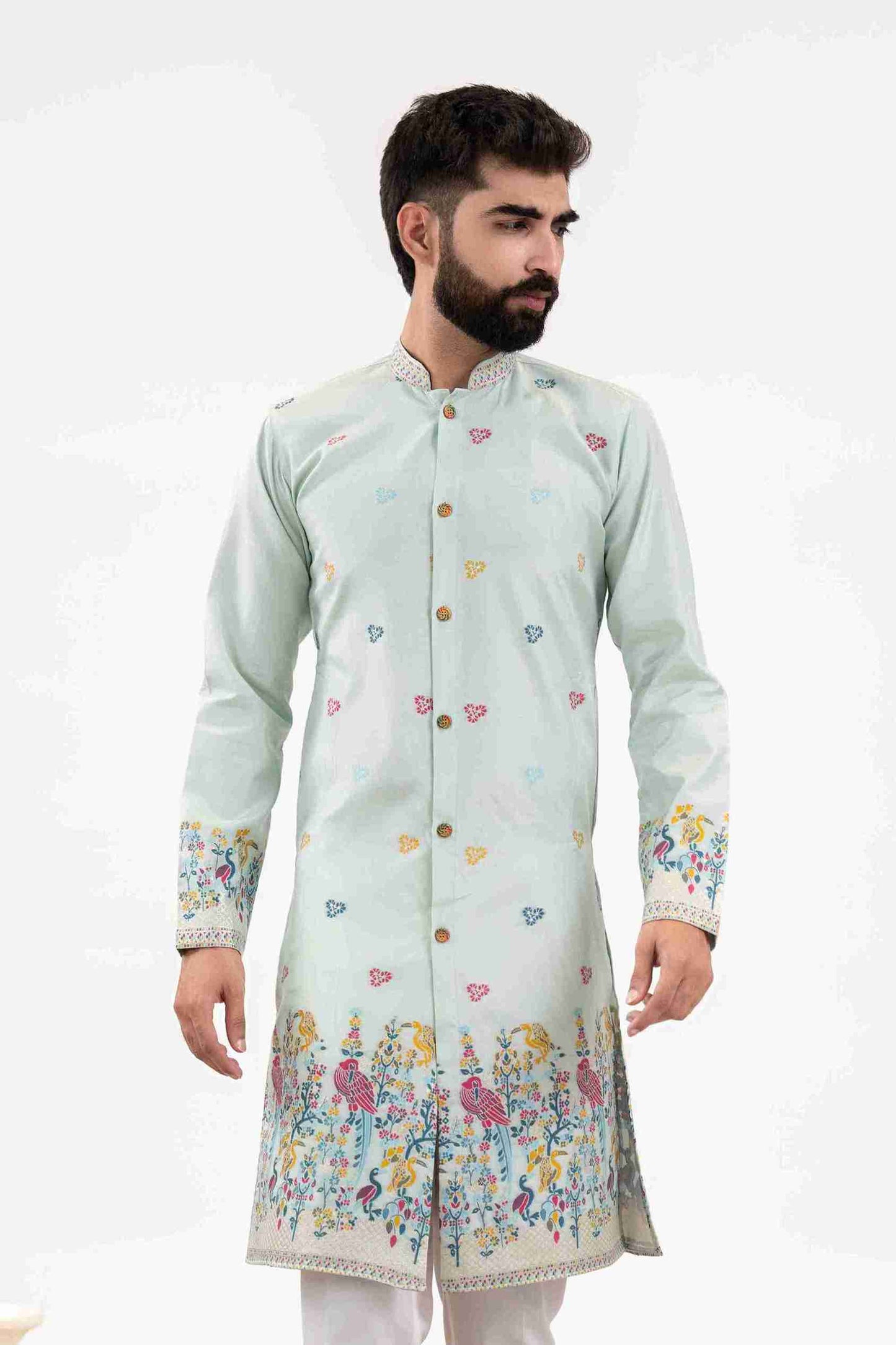 SKY BLUE  PARROT PATTERN JACQUARD DESIGNER INDO-WESTERN KURTA
