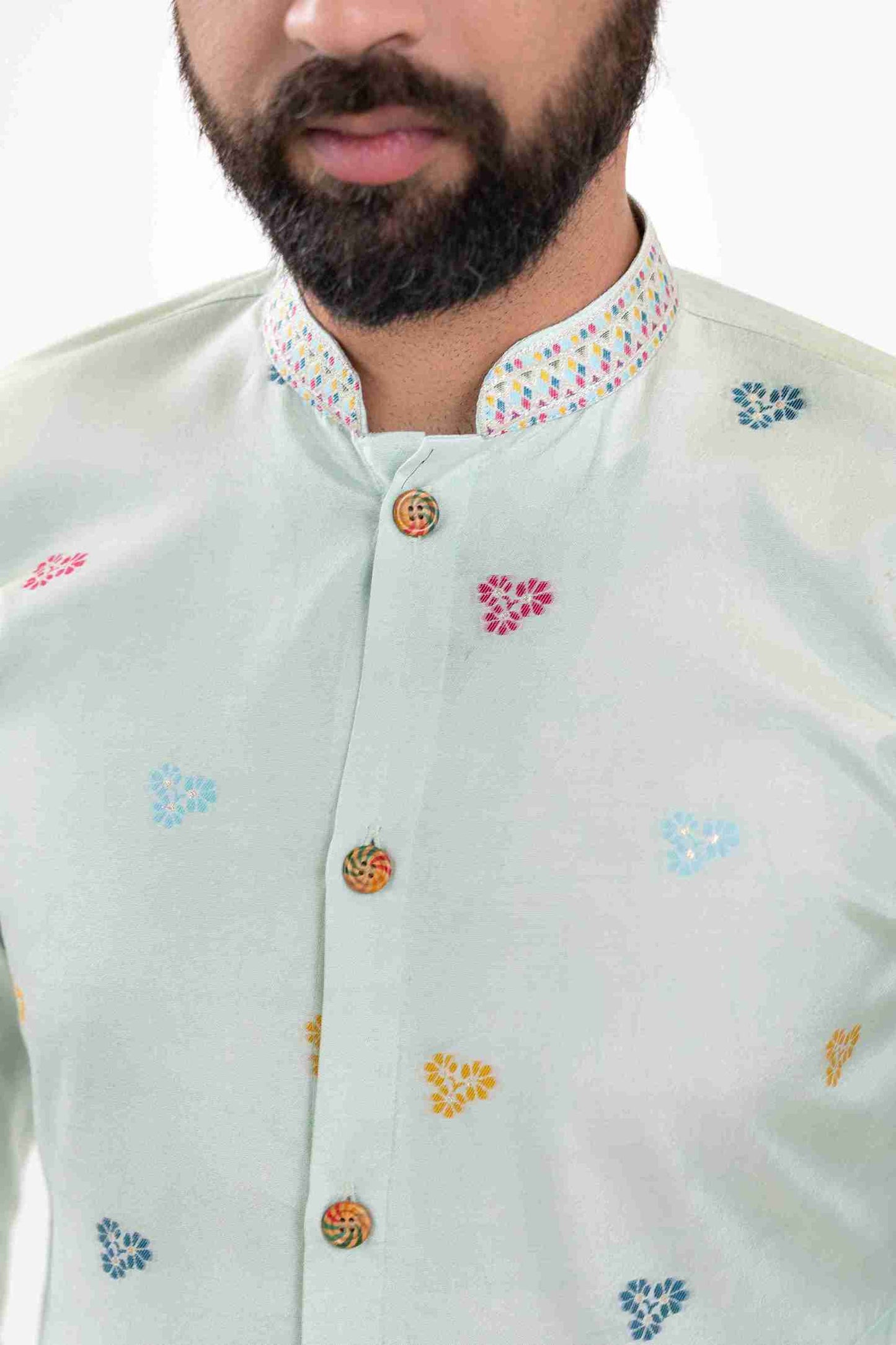 SKY BLUE  PARROT PATTERN JACQUARD DESIGNER INDO-WESTERN KURTA