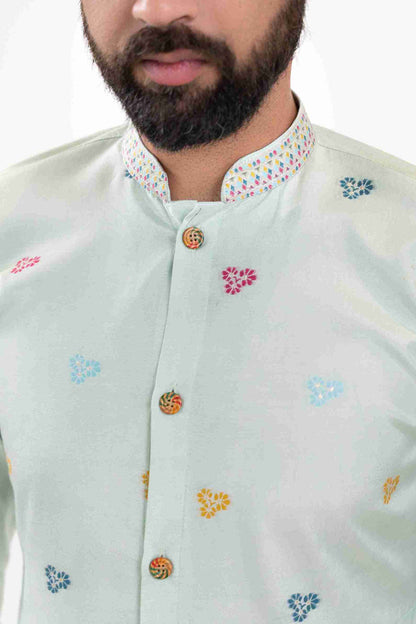 SKY BLUE  PARROT PATTERN JACQUARD DESIGNER INDO-WESTERN KURTA