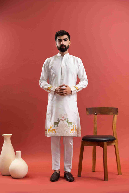 WHITE DEER PATTERN JACQUARD DESIGNER KURTA