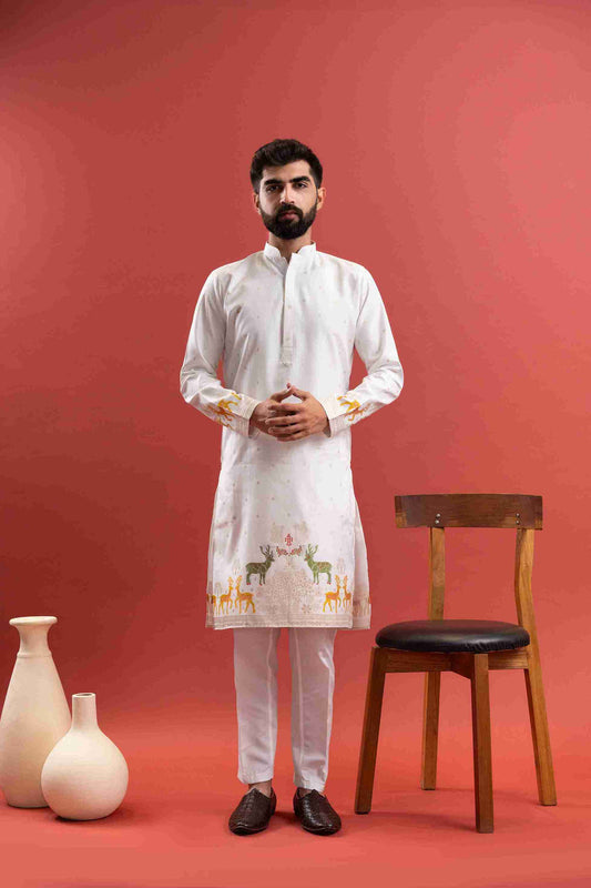 WHITE DEER PATTERN JACQUARD DESIGNER KURTA