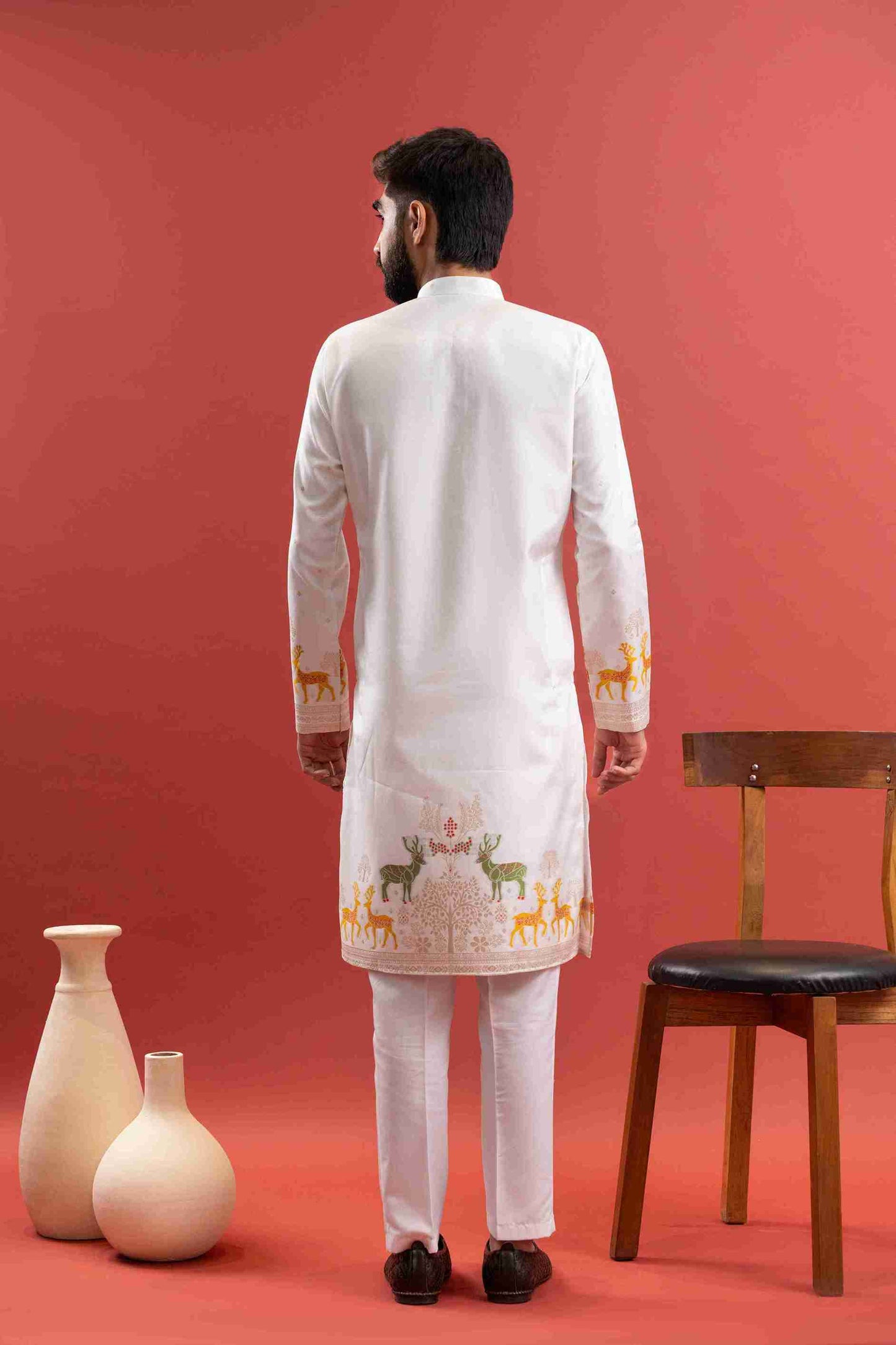 WHITE DEER PATTERN JACQUARD DESIGNER KURTA