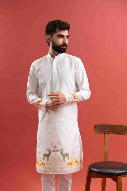 WHITE DEER PATTERN JACQUARD DESIGNER KURTA