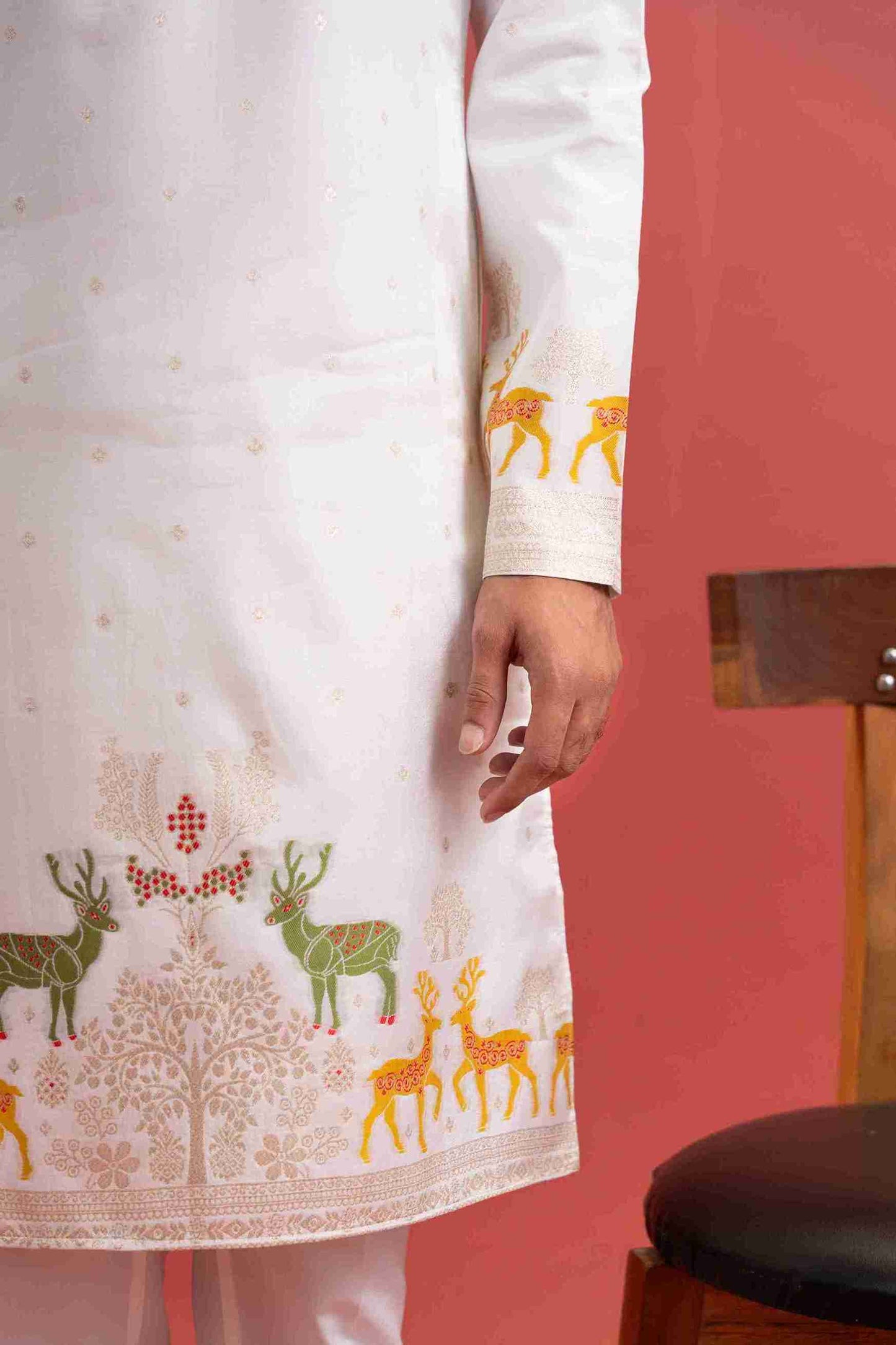 WHITE DEER PATTERN JACQUARD DESIGNER KURTA