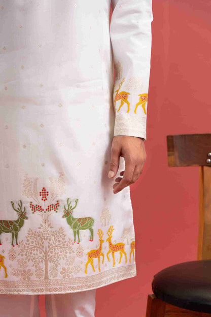 WHITE DEER PATTERN JACQUARD DESIGNER KURTA