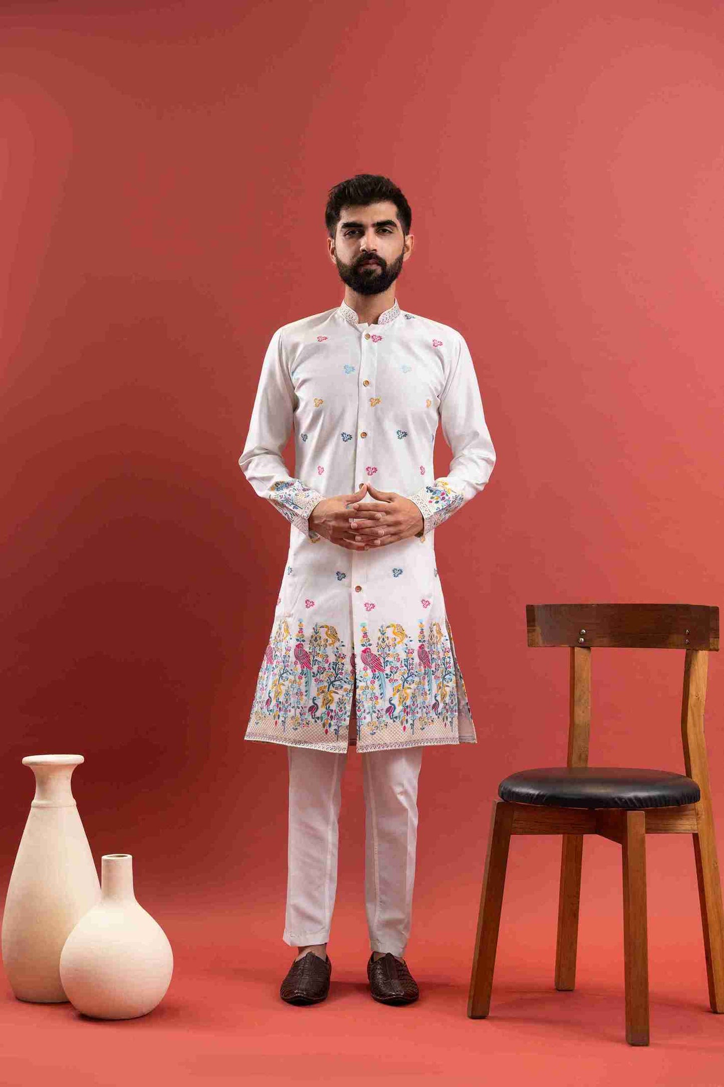 WHITE PARROT PATTERN JACQUARD DESIGNER INDO-WESTERN KURTA