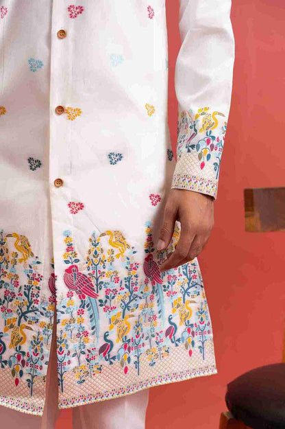 WHITE PARROT PATTERN JACQUARD DESIGNER INDO-WESTERN KURTA