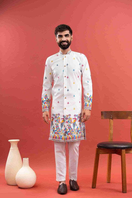 WHITE PEACOCK PATTERN JACQUARD DESIGNER INDO-WESTERN KURTA