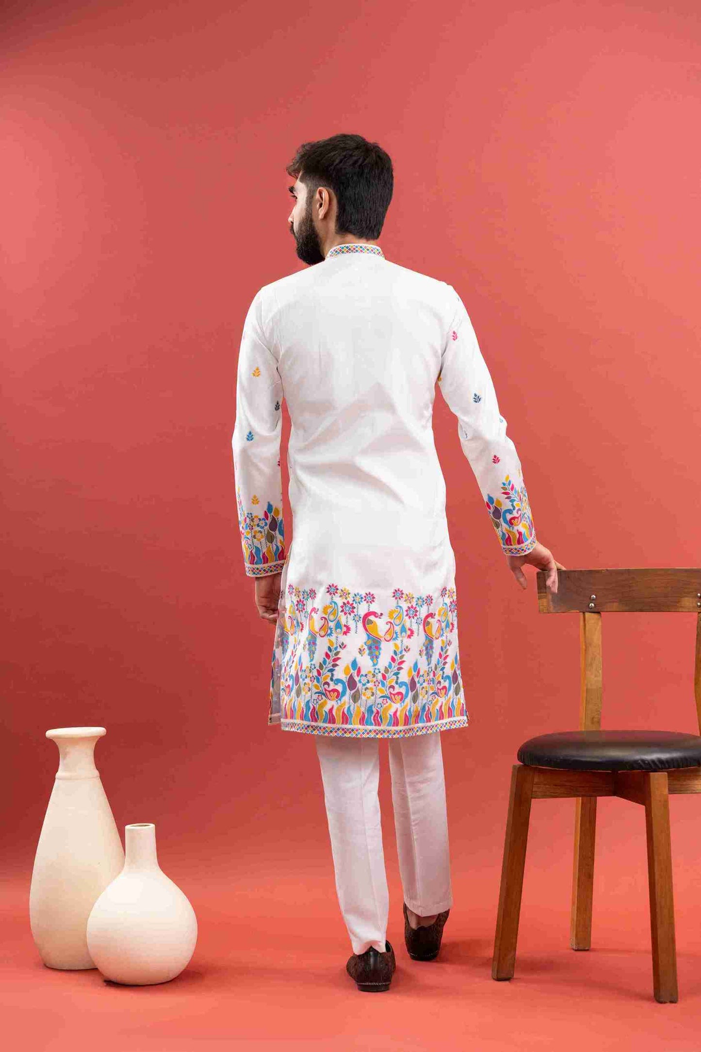 WHITE PEACOCK PATTERN JACQUARD DESIGNER INDO-WESTERN KURTA