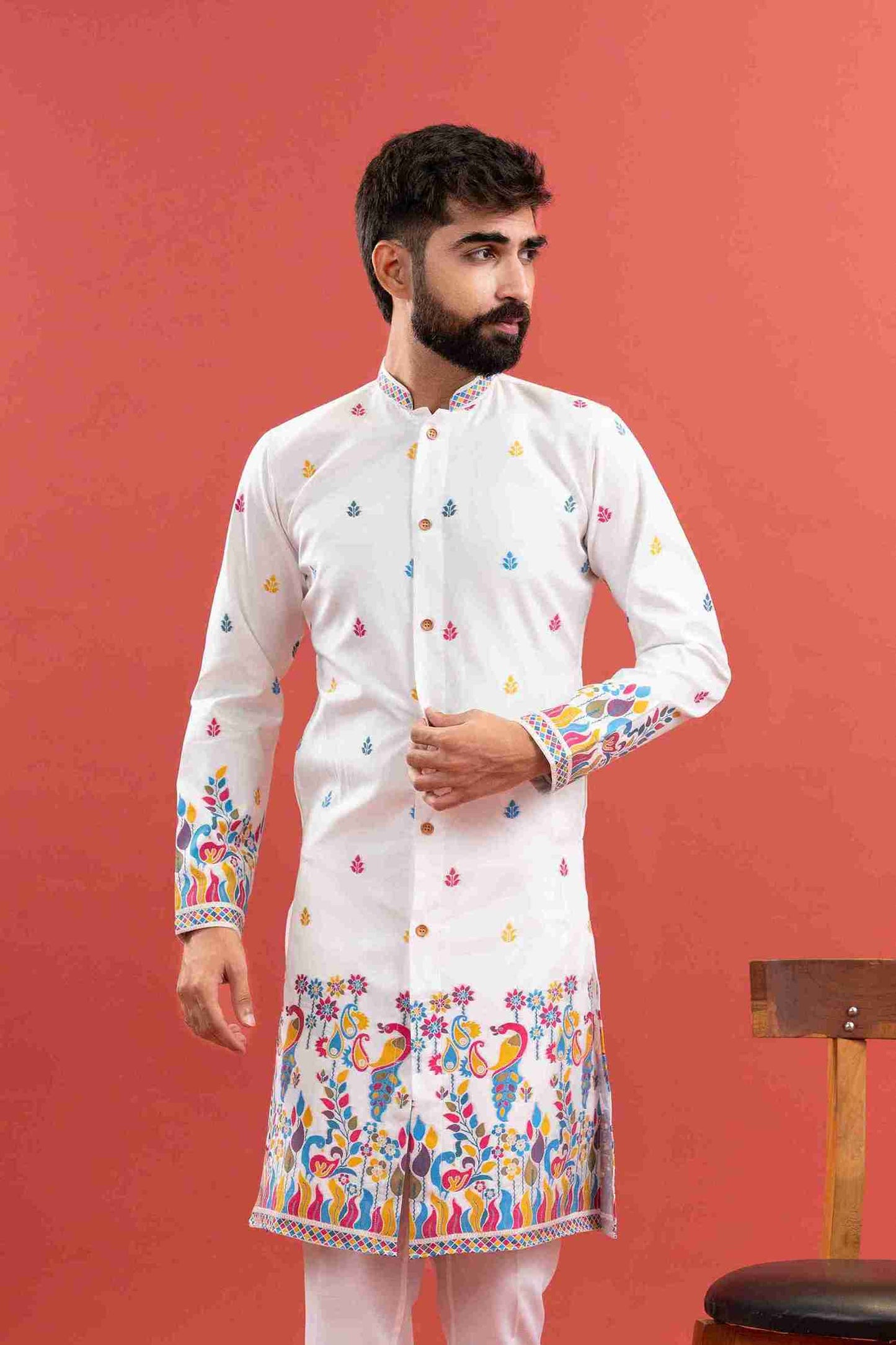 WHITE PEACOCK PATTERN JACQUARD DESIGNER INDO-WESTERN KURTA