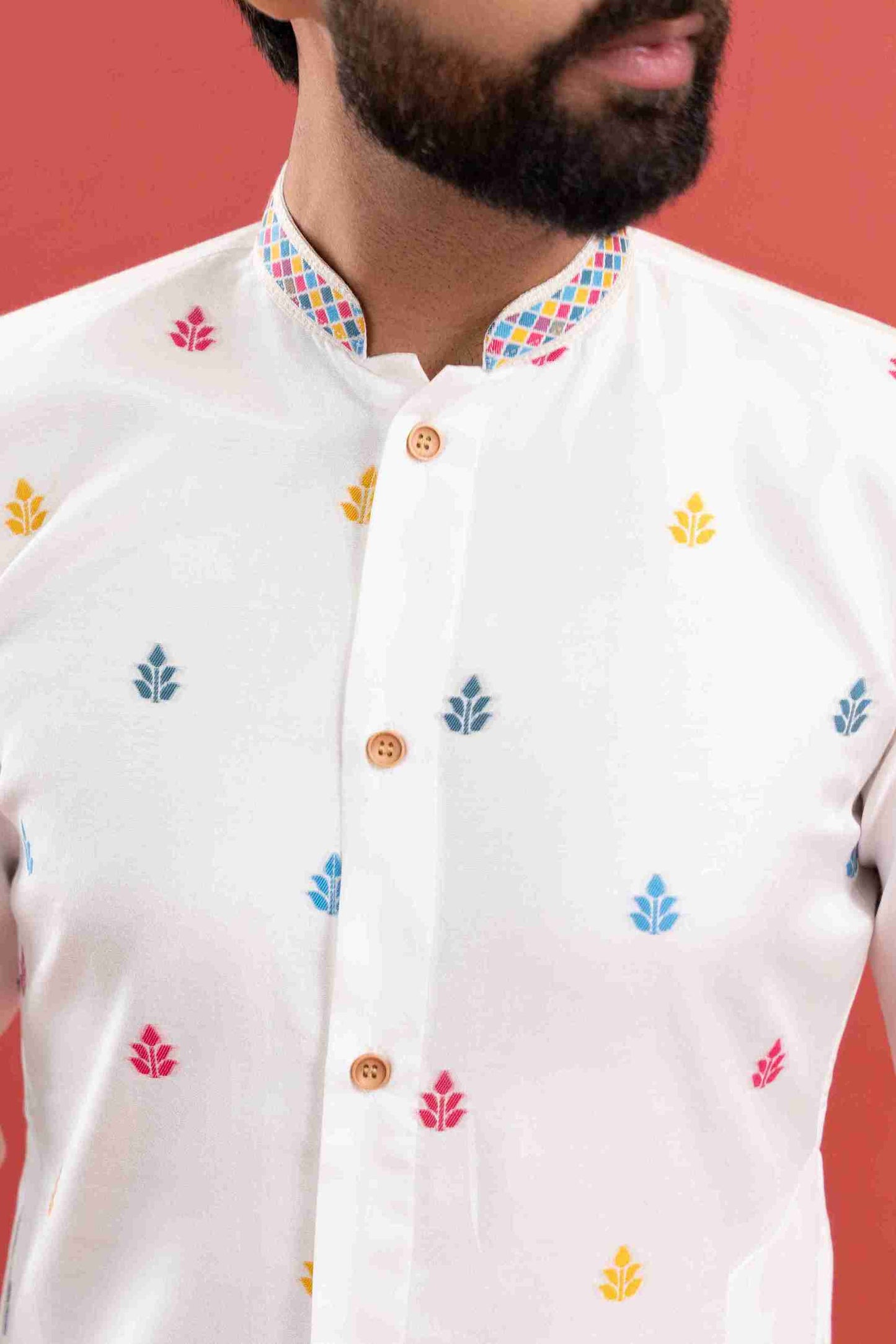 WHITE PEACOCK PATTERN JACQUARD DESIGNER INDO-WESTERN KURTA