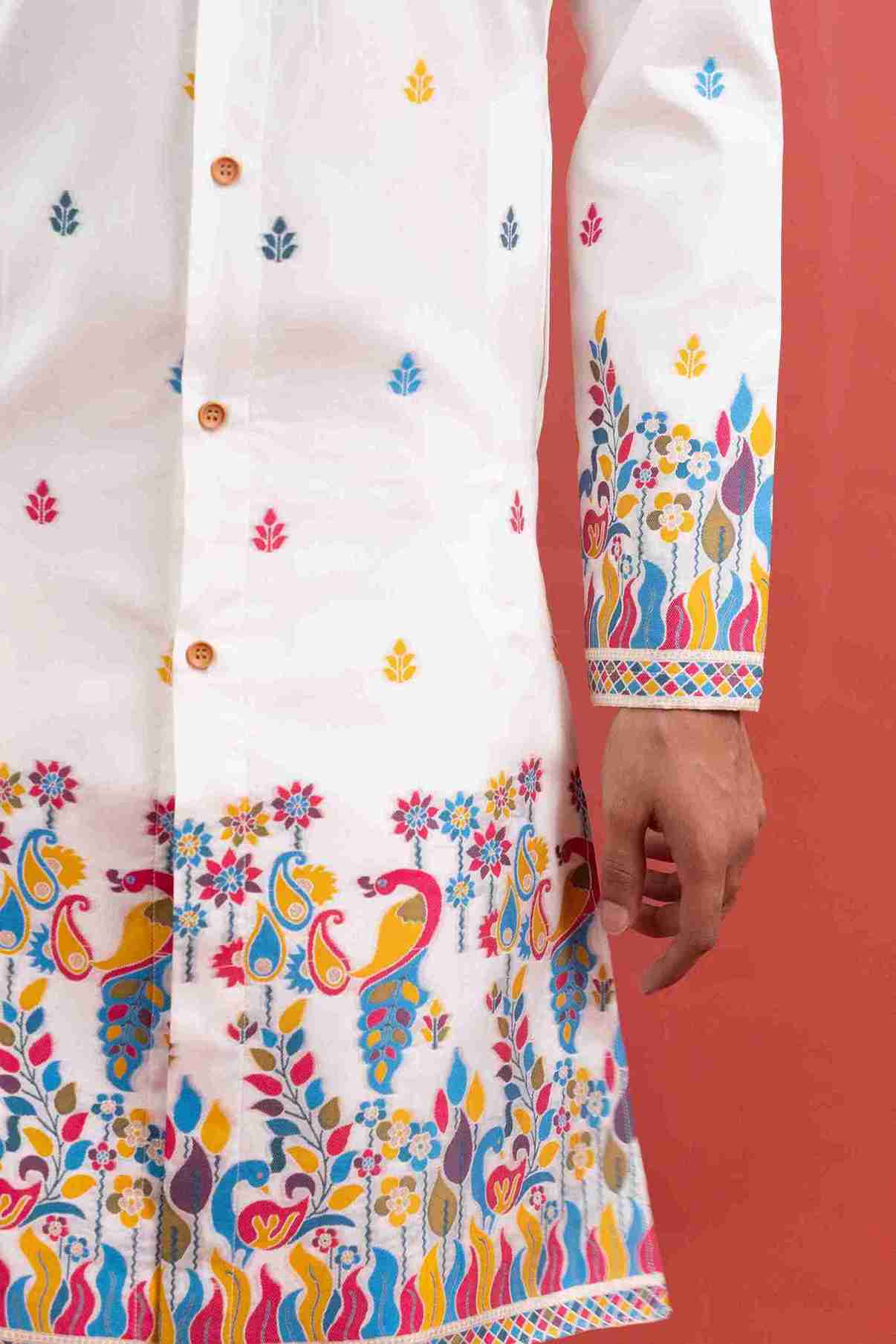 WHITE PEACOCK PATTERN JACQUARD DESIGNER INDO-WESTERN KURTA