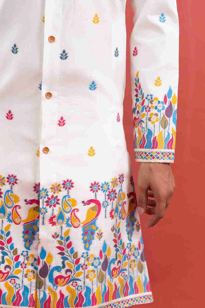 WHITE PEACOCK PATTERN JACQUARD DESIGNER INDO-WESTERN KURTA