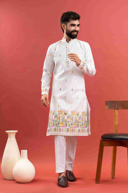 WHITE VILLAGE PATTERN JACQUARD DESIGNER KURTA