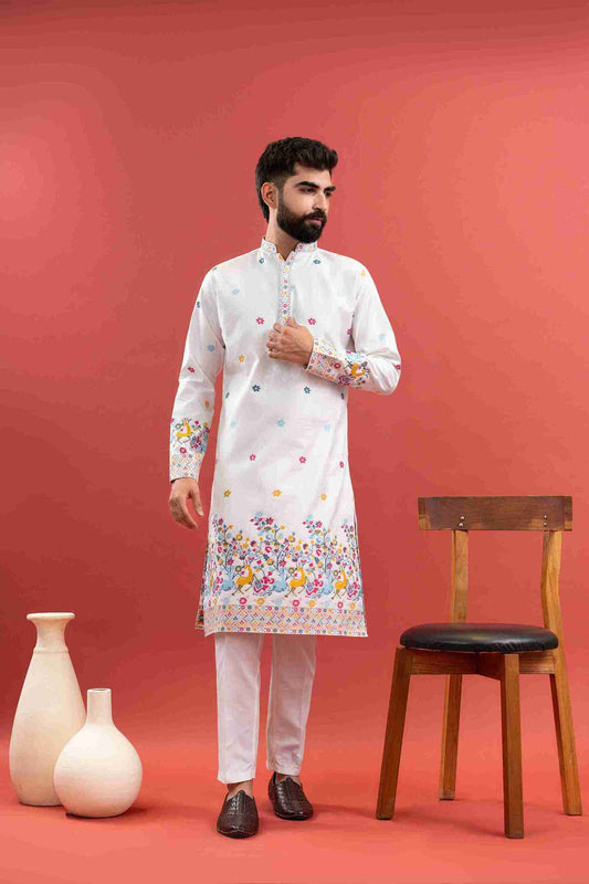 WHITE ANIMAL PATTERN JACQUARD DESIGNER KURTA