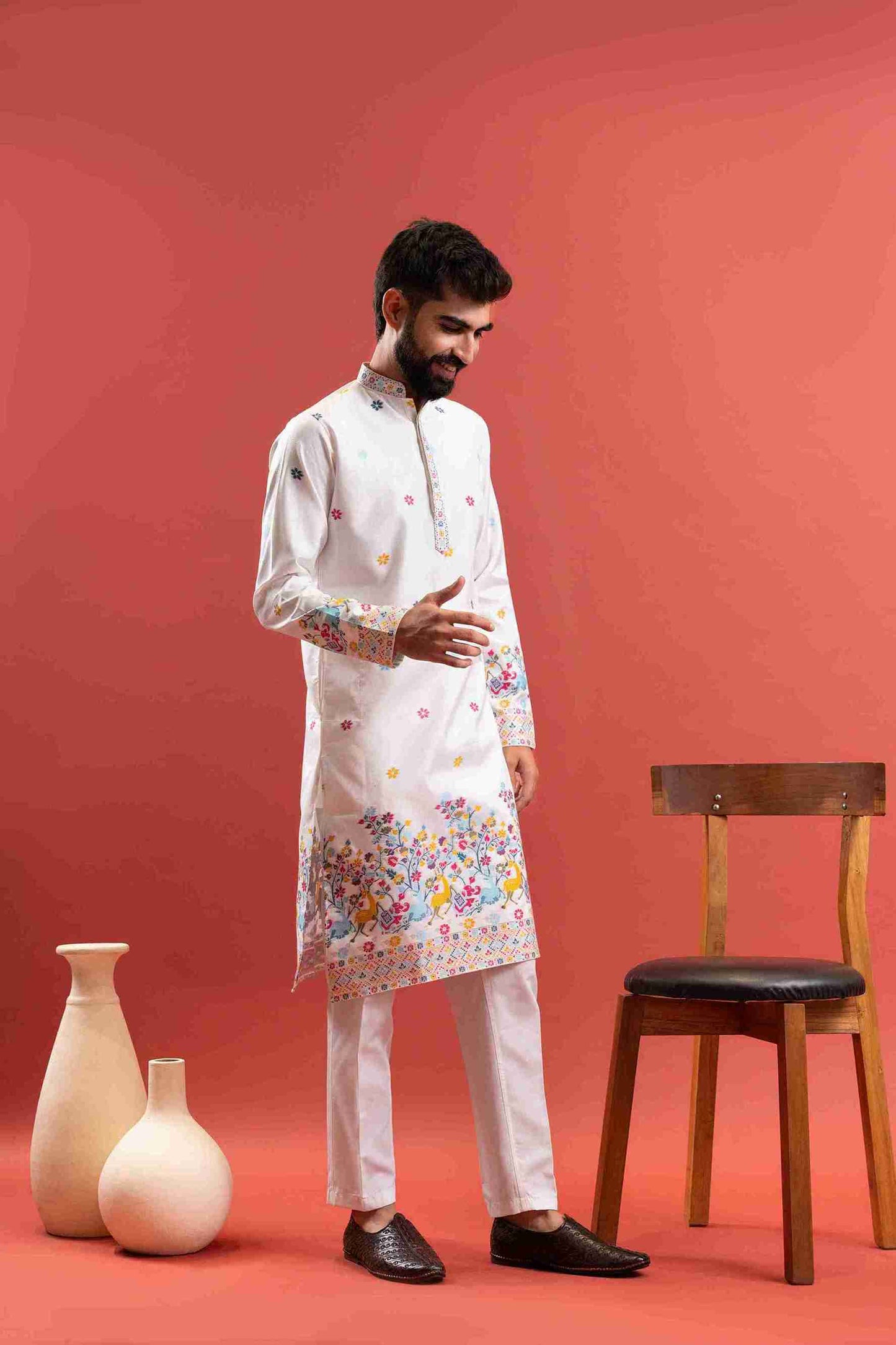 WHITE ANIMAL PATTERN JACQUARD DESIGNER KURTA