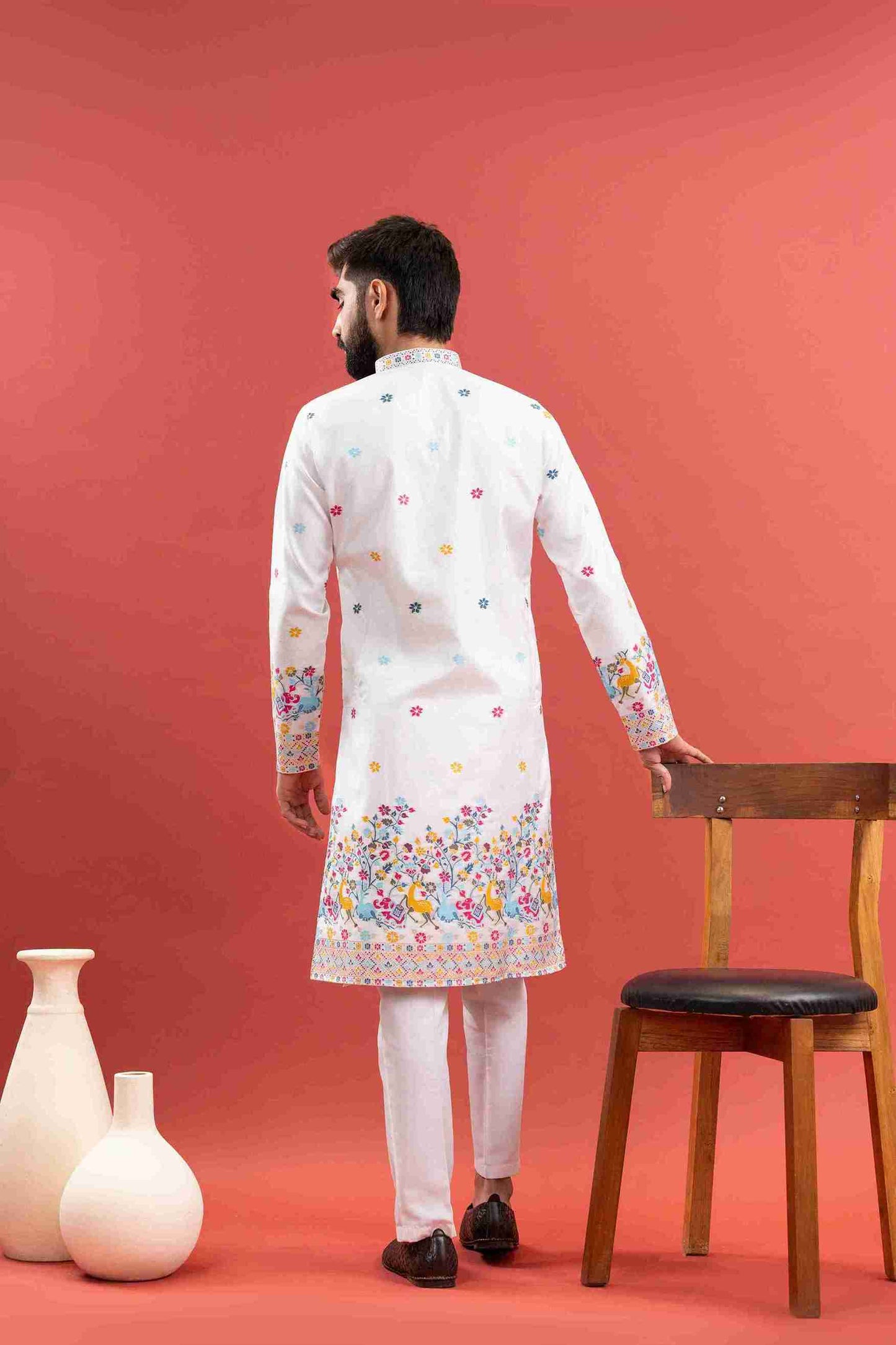 WHITE ANIMAL PATTERN JACQUARD DESIGNER KURTA