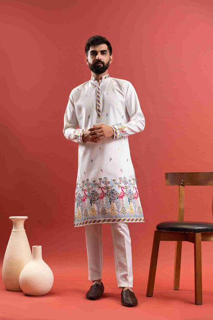 WHITE DUCK PATTERN JACQUARD DESIGNER KURTA