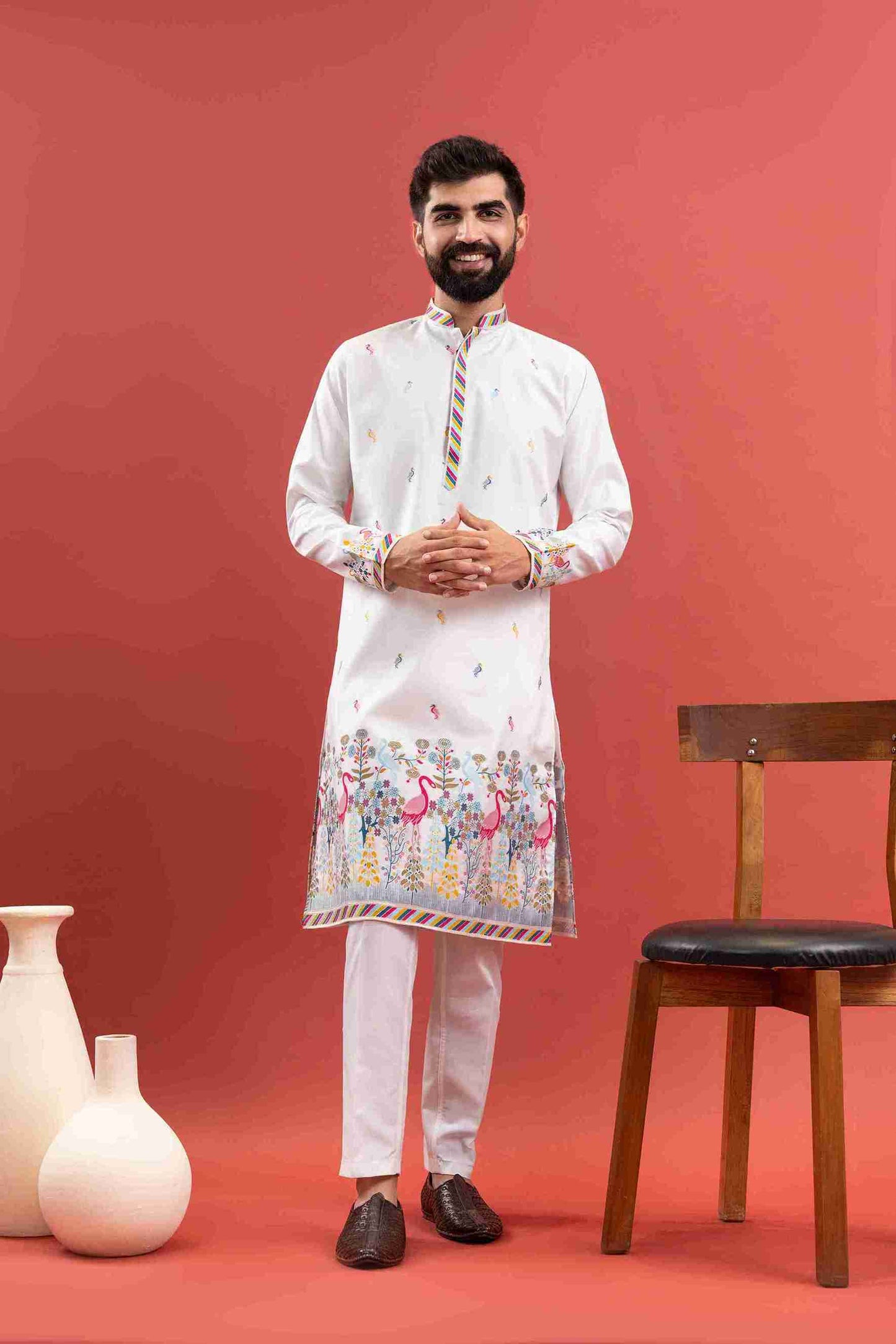 WHITE DUCK PATTERN JACQUARD DESIGNER KURTA