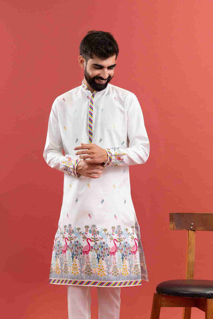 WHITE DUCK PATTERN JACQUARD DESIGNER KURTA