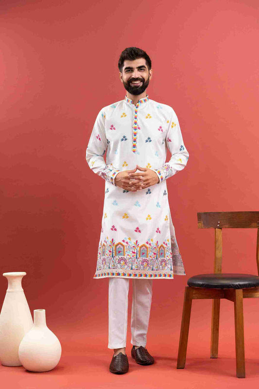 WHITE BIRDS HOUSE JACQUARD DESIGNER KURTA