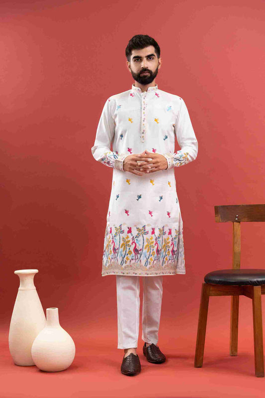 WHITE FLAMINGO JACQUARD DESIGNER KURTA
