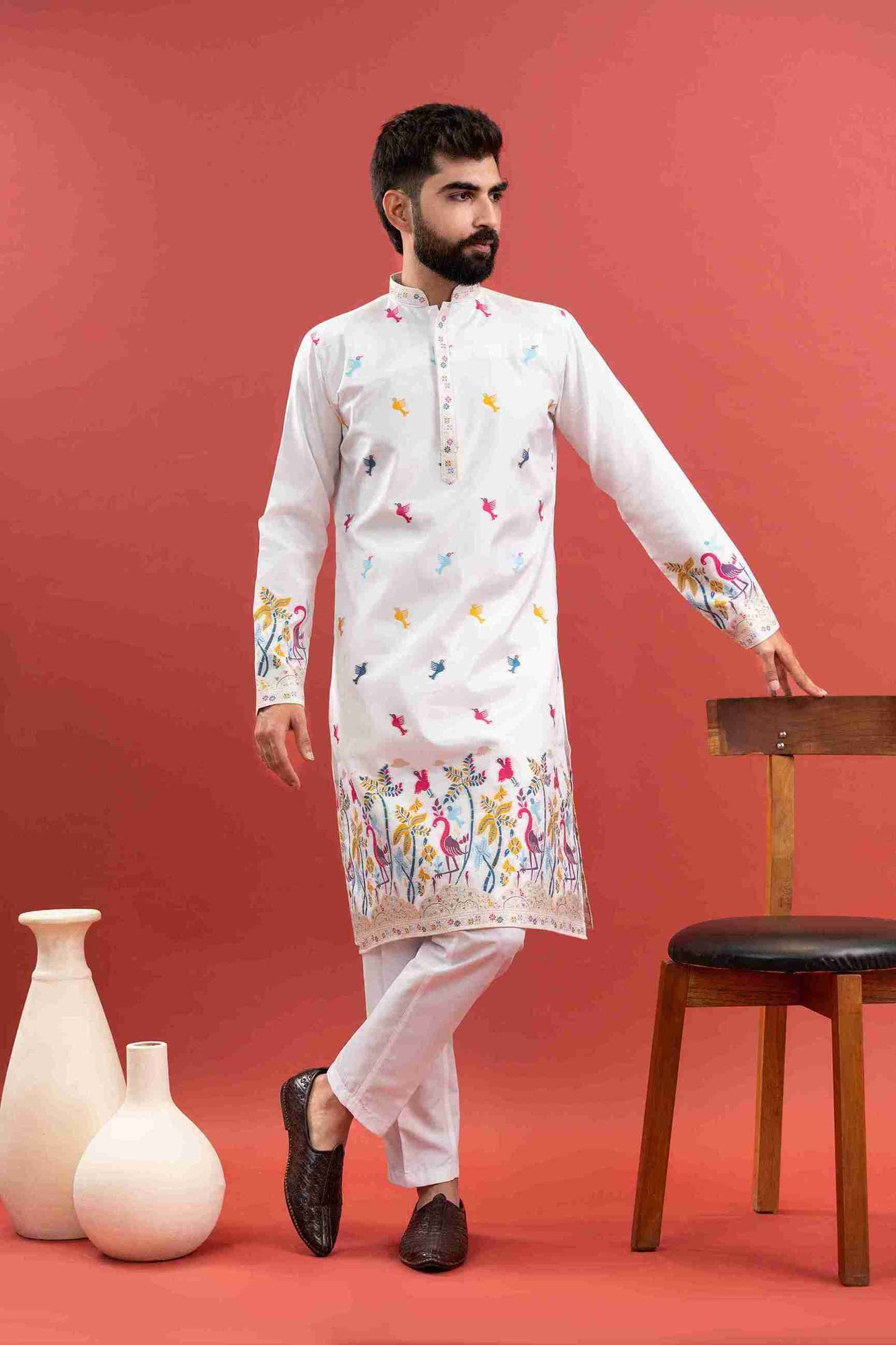 WHITE FLAMINGO JACQUARD DESIGNER KURTA