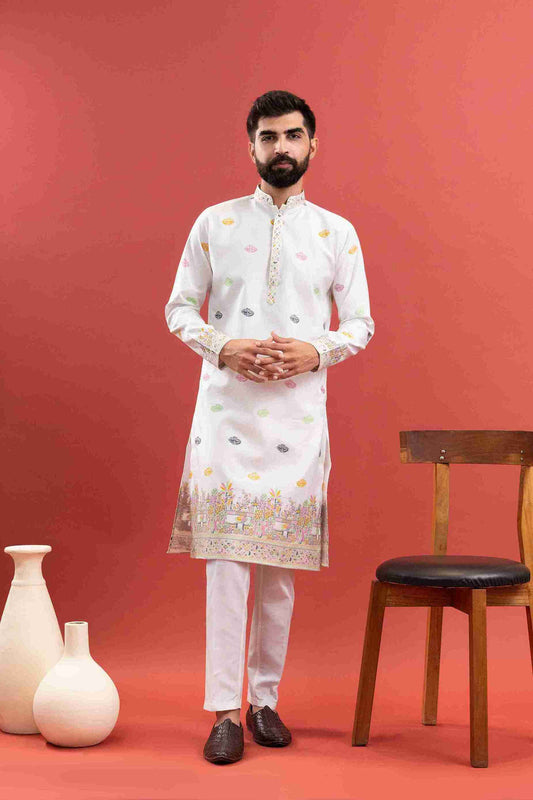 WHITE ANIMAL & FLOWER PATTERN JACQUARD DESIGNER KURTA