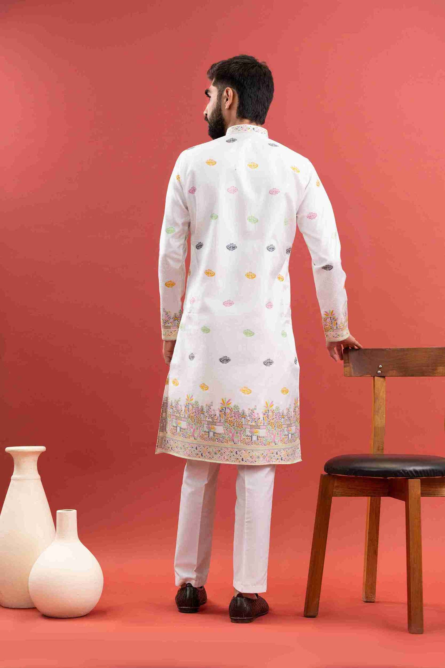 WHITE ANIMAL & FLOWER PATTERN JACQUARD DESIGNER KURTA