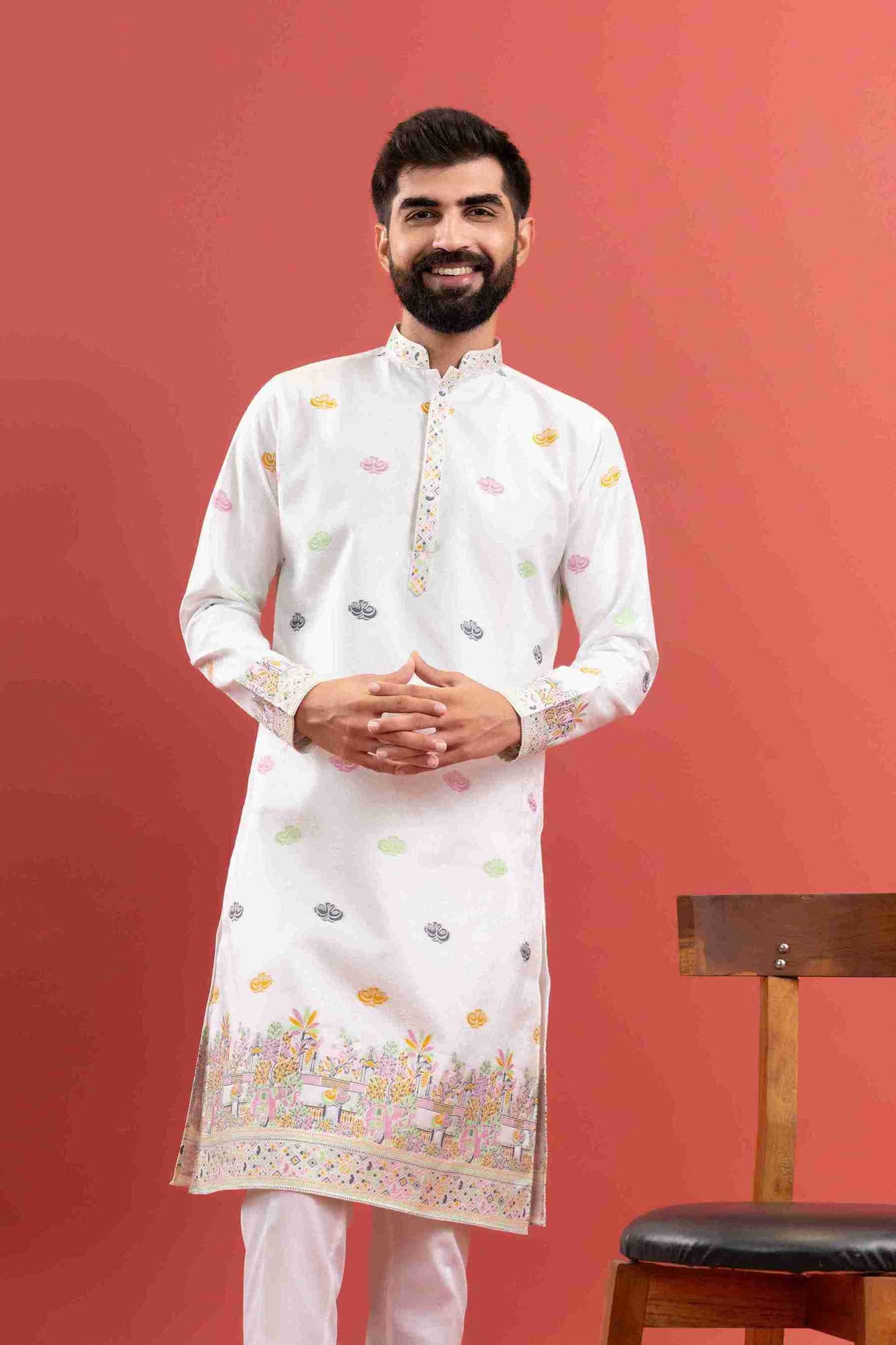 WHITE ANIMAL & FLOWER PATTERN JACQUARD DESIGNER KURTA