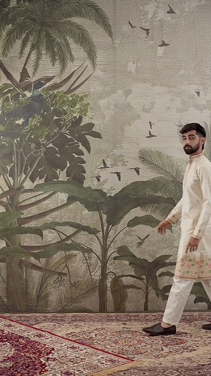 BEIGE FLOWER PATTERN JACQUARD DESIGNER KURTA