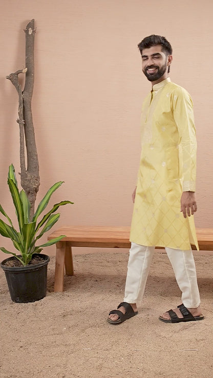 YELLOW MONOGRAM FLOWER NECK JACQUARD DESIGNER KURTA