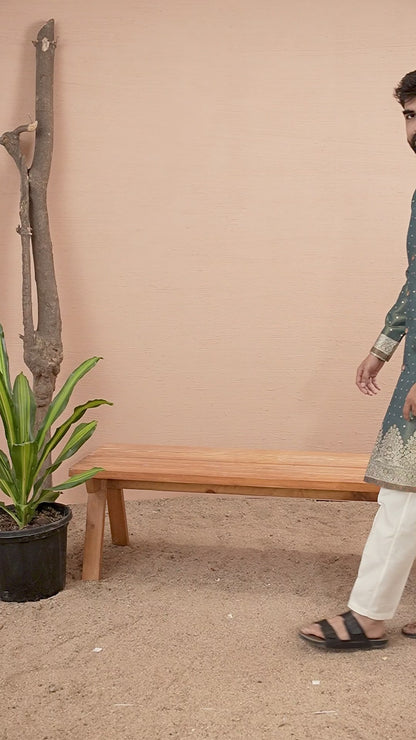 LIGHT GREEN FLOWER BOUQUET PATTERN JACQUARD DESIGNER INDO-WESTERN KURTA