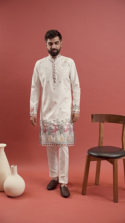 WHITE DUCK PATTERN JACQUARD DESIGNER KURTA