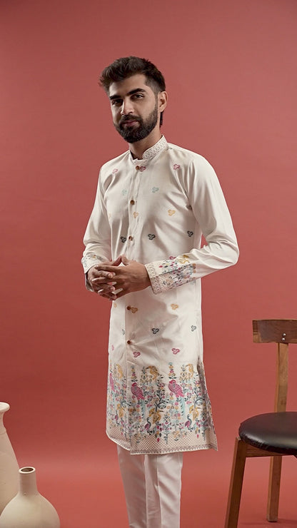 WHITE PARROT PATTERN JACQUARD DESIGNER INDO-WESTERN KURTA