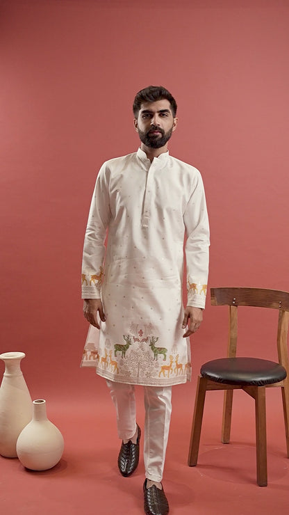 WHITE DEER PATTERN JACQUARD DESIGNER KURTA