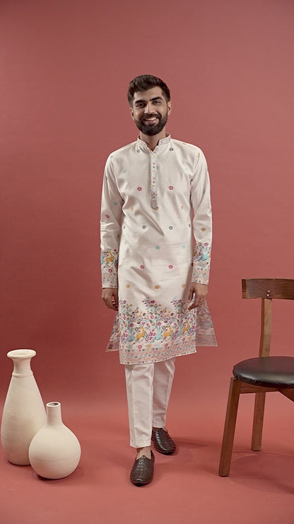 WHITE ANIMAL PATTERN JACQUARD DESIGNER KURTA