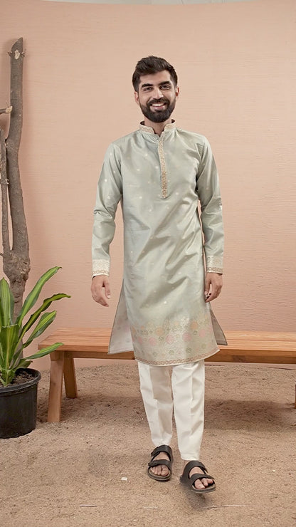 LIGHT C-GREEN FLORAL AND GEOMETRIC PATTERN JACQUARD DESIGNER KURTA