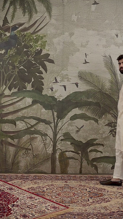 BEIGE MONOGRAM FLOWER NECK JACQUARD DESIGNER KURTA