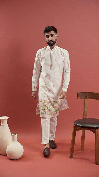 WHITE VILLAGE PATTERN JACQUARD DESIGNER KURTA