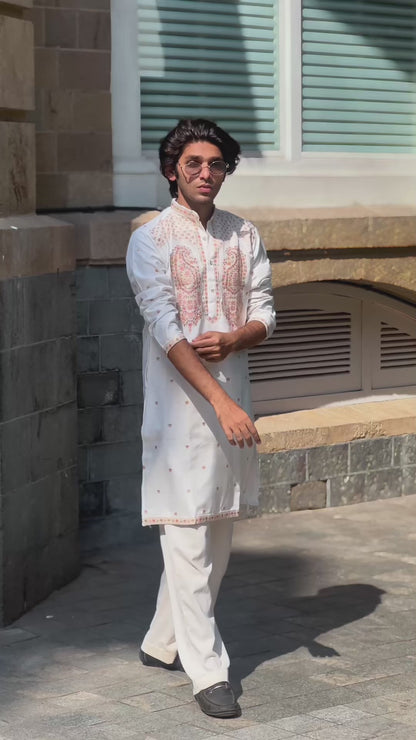IVORY FLORAL HERITAGE JACQUARD DESIGNER KURTA