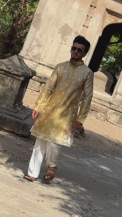 BEIGE FLORAL HALF-HALF PATTERN JACQUARD DESIGNER KURTA