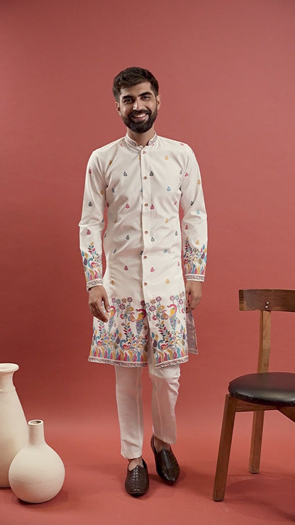 WHITE PEACOCK PATTERN JACQUARD DESIGNER INDO-WESTERN KURTA