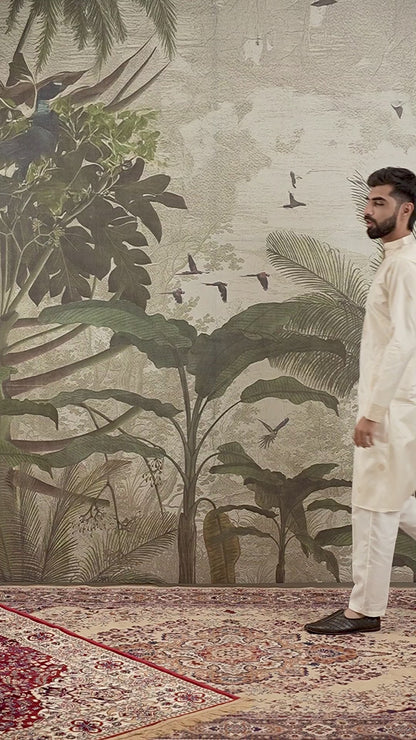 BEIGE MONOGRAM FLOWER NECK JACQUARD DESIGNER KURTA